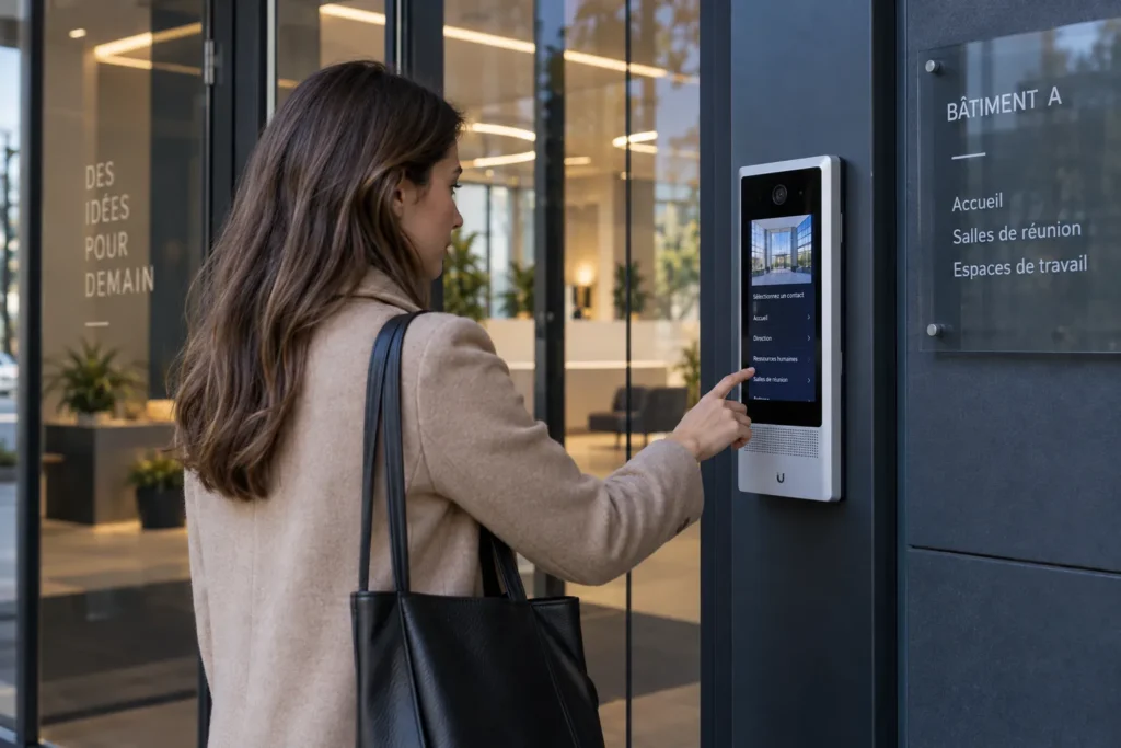 Visiteuse utilisant une platine d’interphone vidéo à l’entrée d’une entreprise