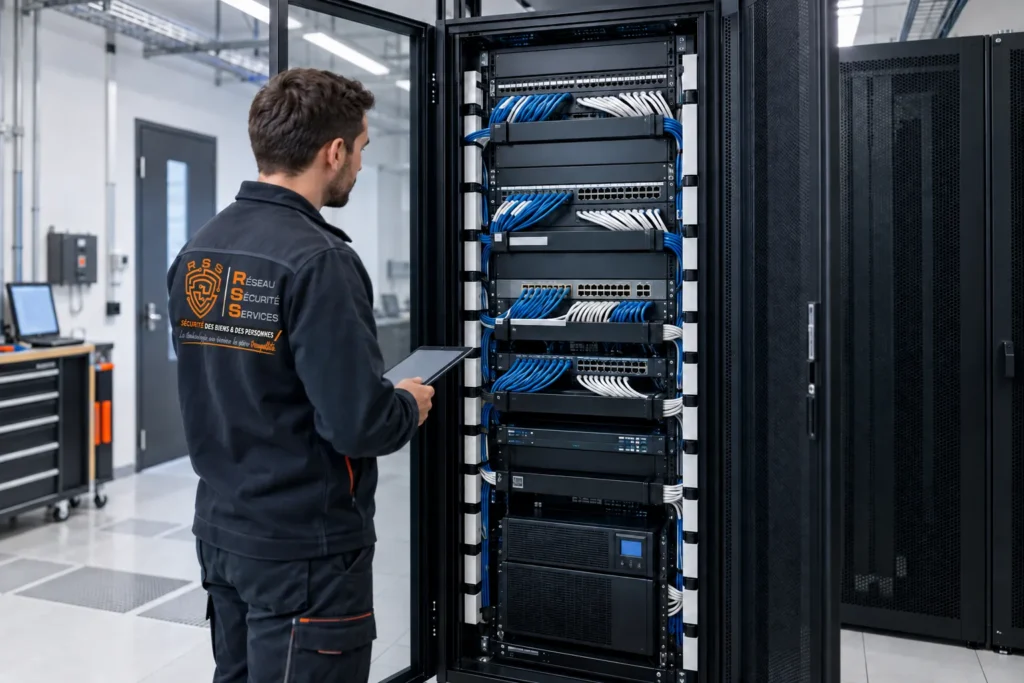 Technicien configurant une baie informatique avec une tablette