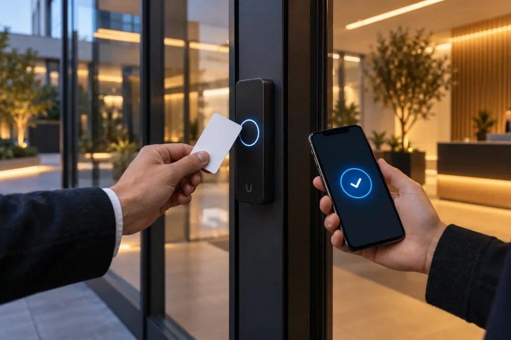 Ouverture d’une porte par badge et smartphone