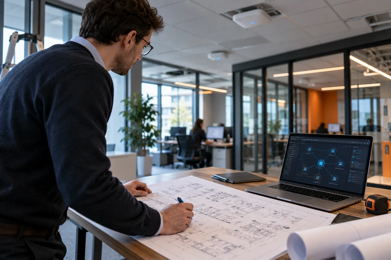 Technicien étudiant le plan d’une infrastructure réseau d’entreprise