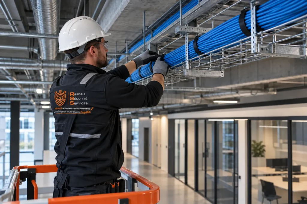 Technicien installant des câbles réseau dans un chemin de câbles