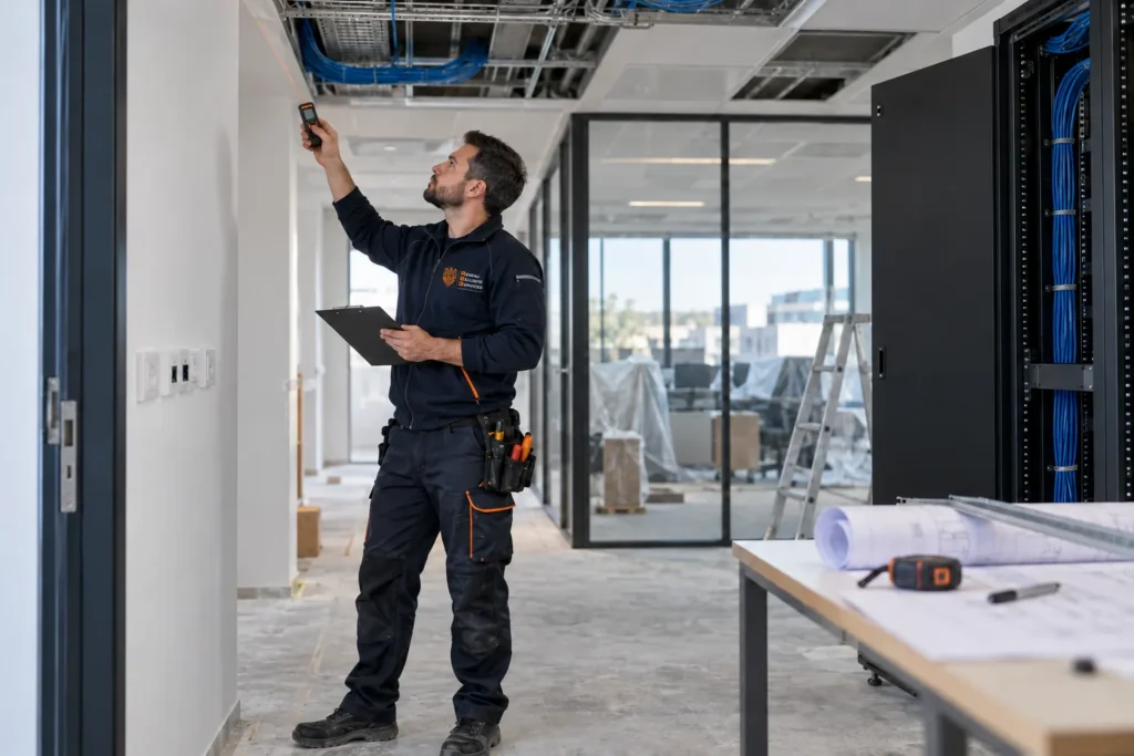 Technicien installant un câblage réseau dans le plafond de bureaux
