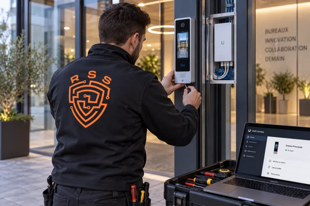 Technicien RSS installant une platine d’interphone vidéo IP