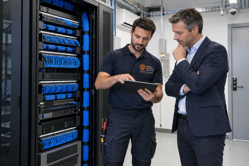 Technicien présentant la mise en service du réseau informatique à un client