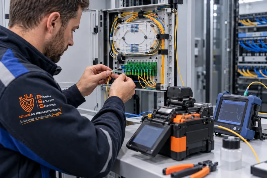 Technicien réalisant le raccordement d’une fibre optique