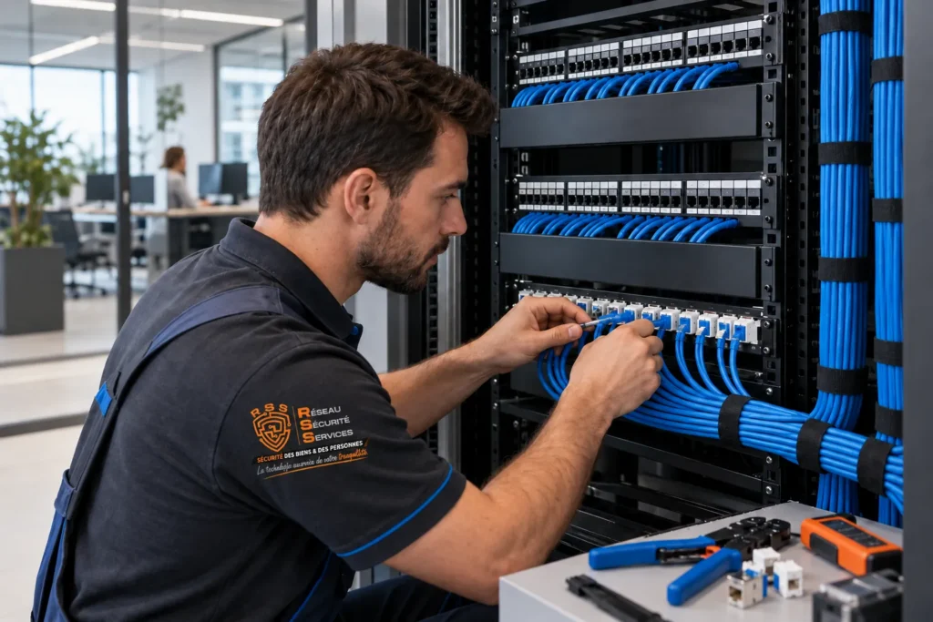 Raccordement de câbles Ethernet dans une baie informatique