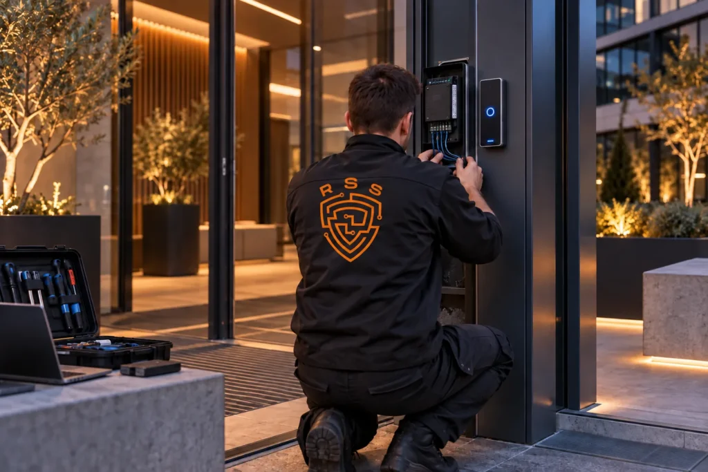 Technicien RSS raccordant un lecteur de contrôle d’accès