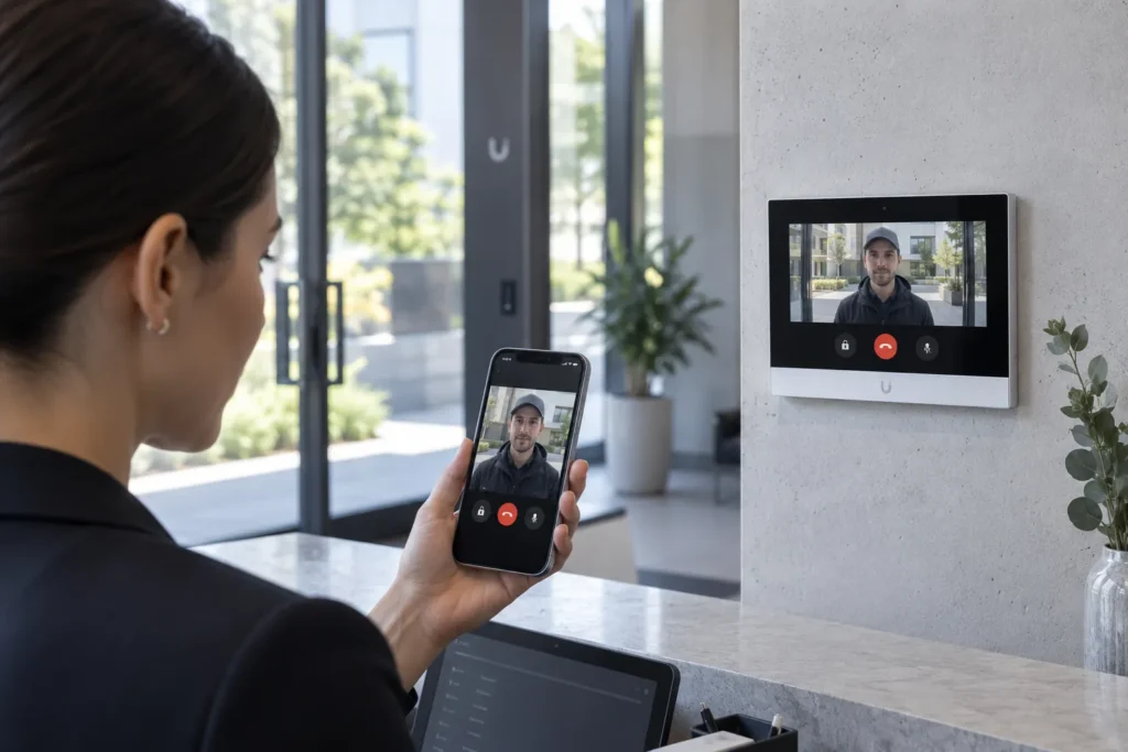 Réception d’un appel d’interphone vidéo sur smartphone et écran intérieur