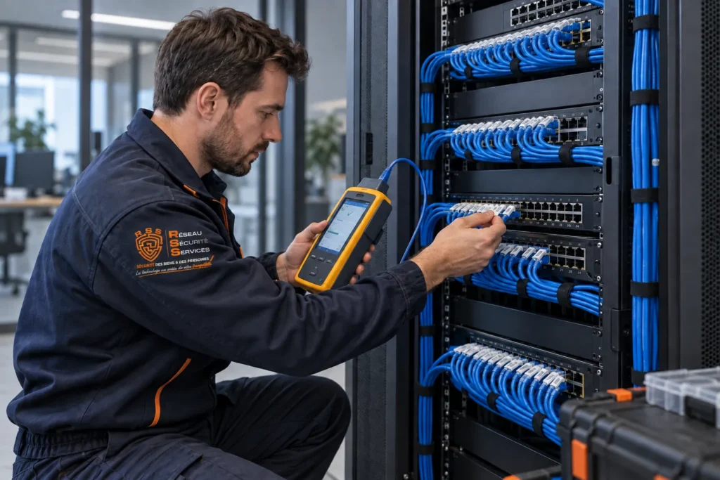 Technicien testant les liaisons Ethernet d’une baie de brassage