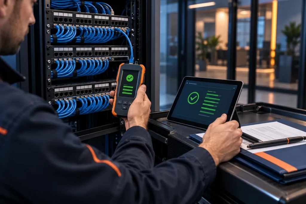Technicien testant et validant une infrastructure réseau informatique