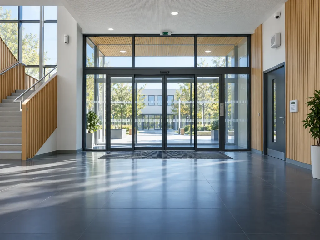 Hall de bâtiment professionnel équipé de détecteurs et d’un clavier d’alarme