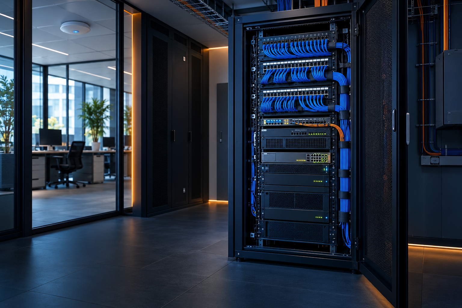 Baie informatique avec câblage réseau professionnel organisé