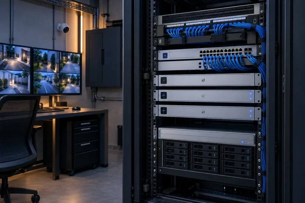 Baie informatique avec équipements réseau et enregistreur de vidéosurveillance
