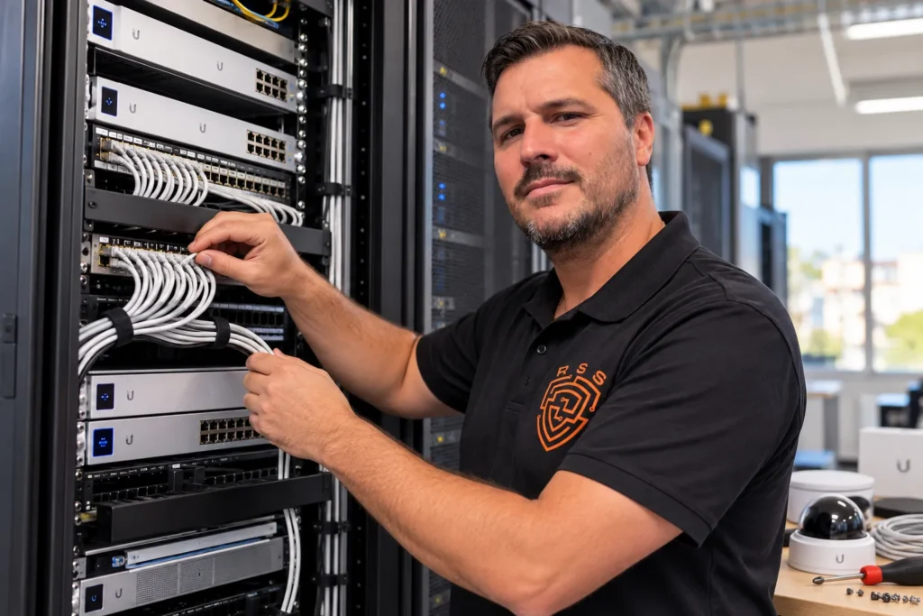 Benoit Maillard intervient sur une baie informatique équipée de matériels réseau