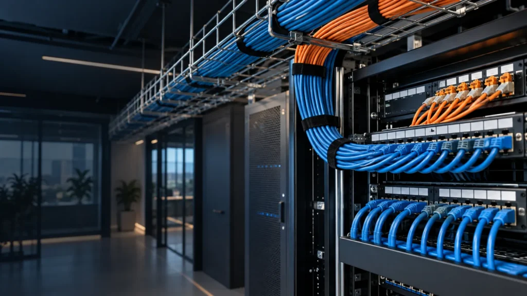 Baie de brassage avec câbles réseau Ethernet bleus et orange