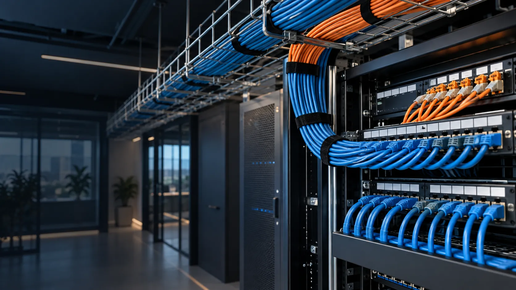 Baie de brassage avec câbles réseau Ethernet bleus et orange