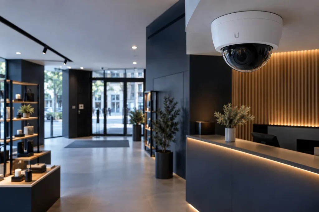 Caméra dôme installée au plafond d’un commerce pour surveiller l’accueil