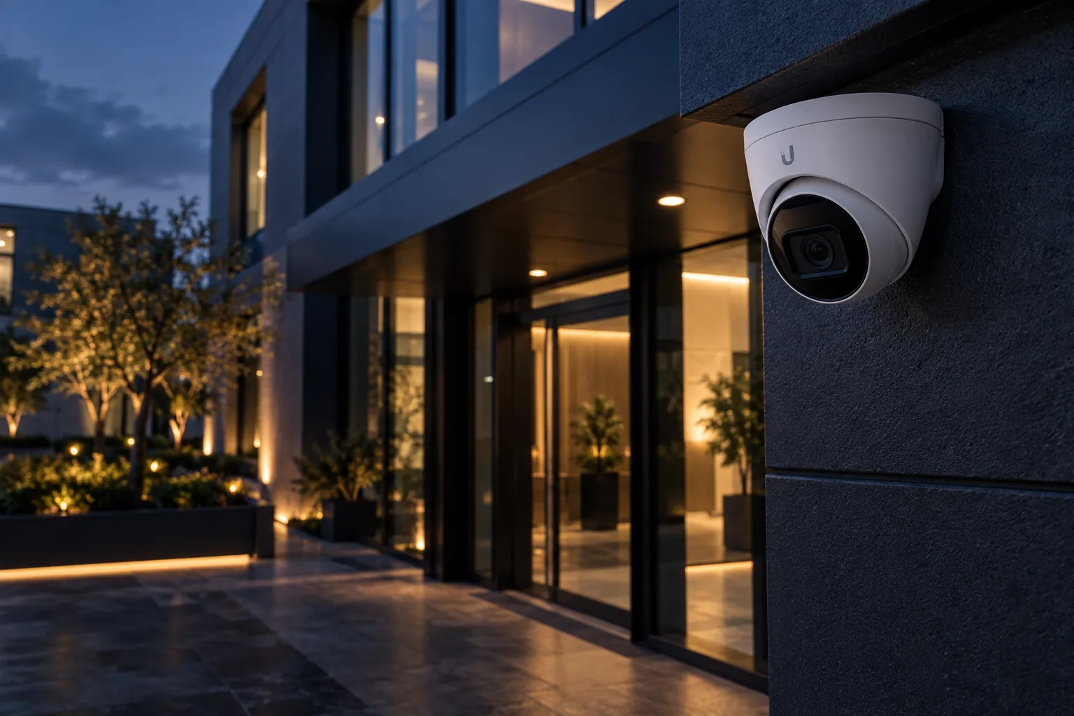 Caméra de vidéosurveillance UniFi installée sur la façade d’un bâtiment