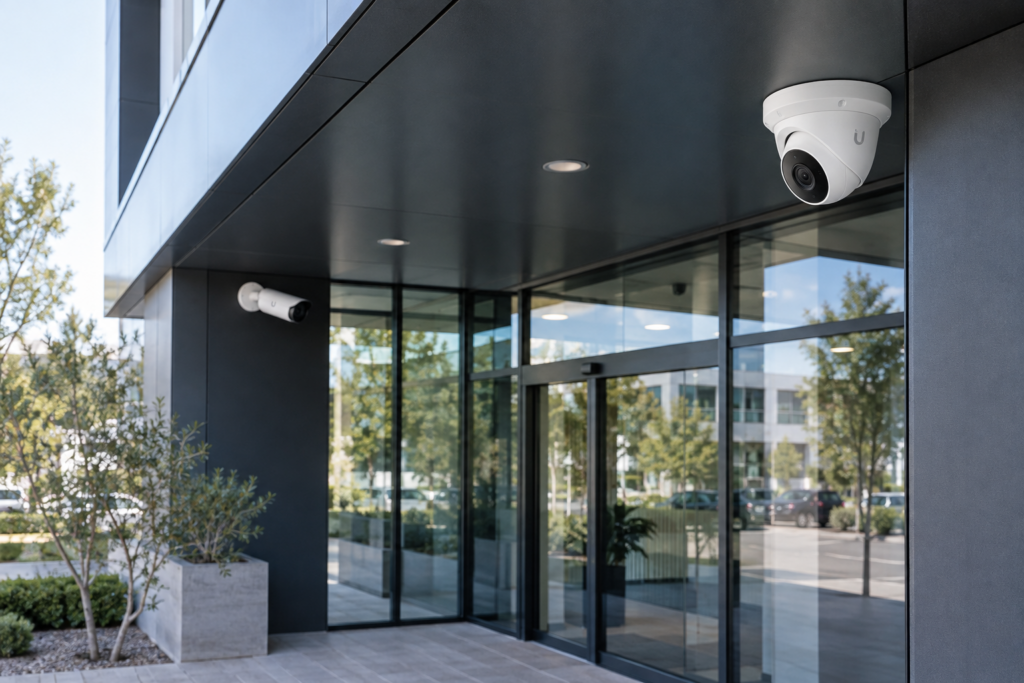 Caméras de vidéosurveillance UniFi Protect installées sur un bâtiment professionnel