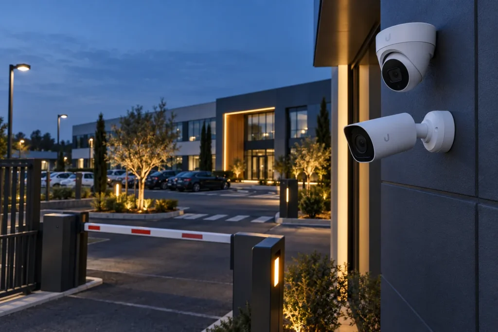 Caméras dôme et bullet surveillant l’entrée et le parking d’une entreprise
