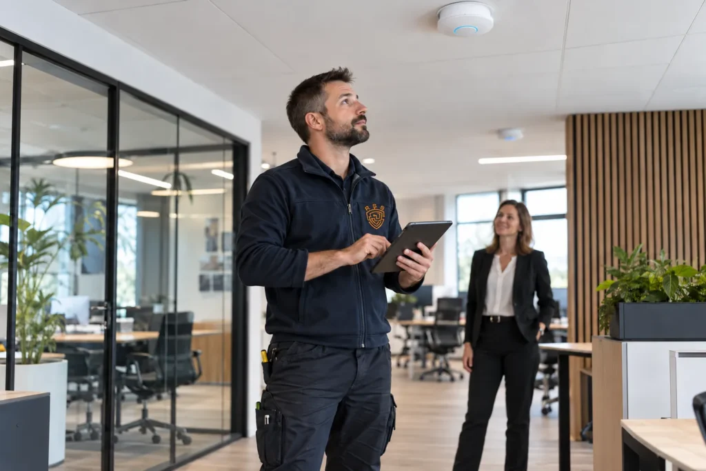 Technicien contrôlant un point d’accès Wi‑Fi avec une tablette