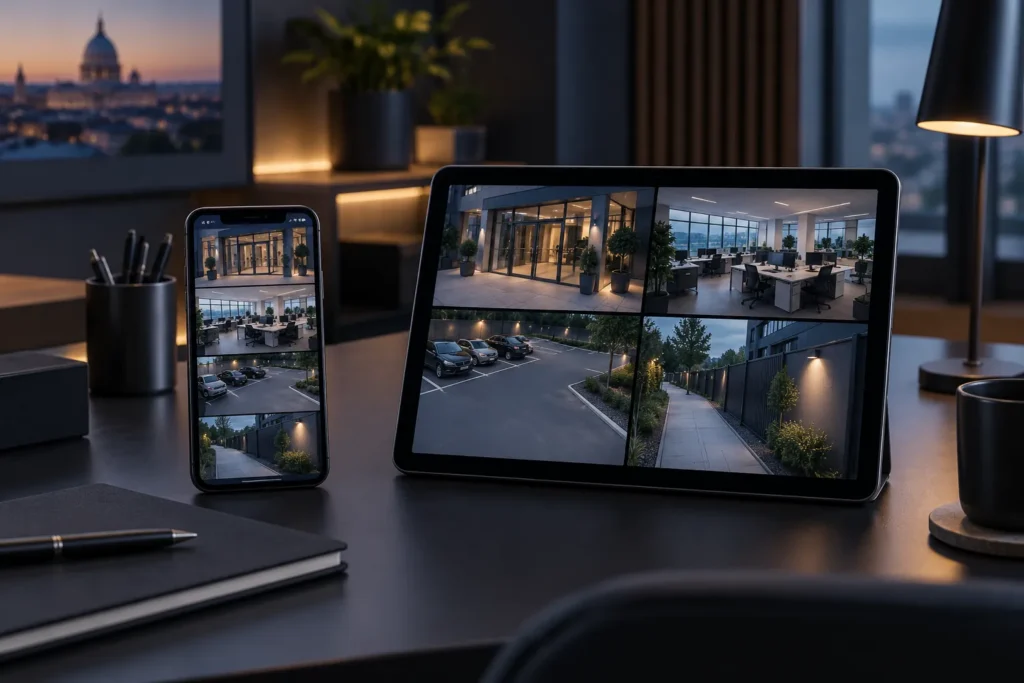 Images de vidéosurveillance consultées sur une tablette et un smartphone