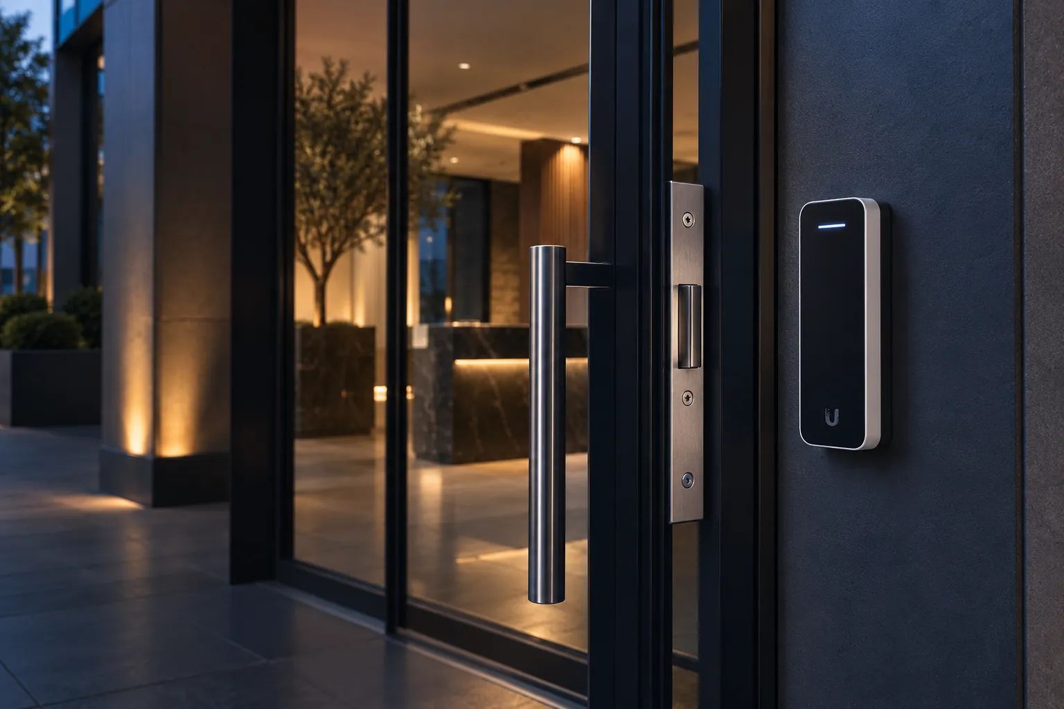 Lecteur de badge installé à l’entrée d’un bâtiment professionnel