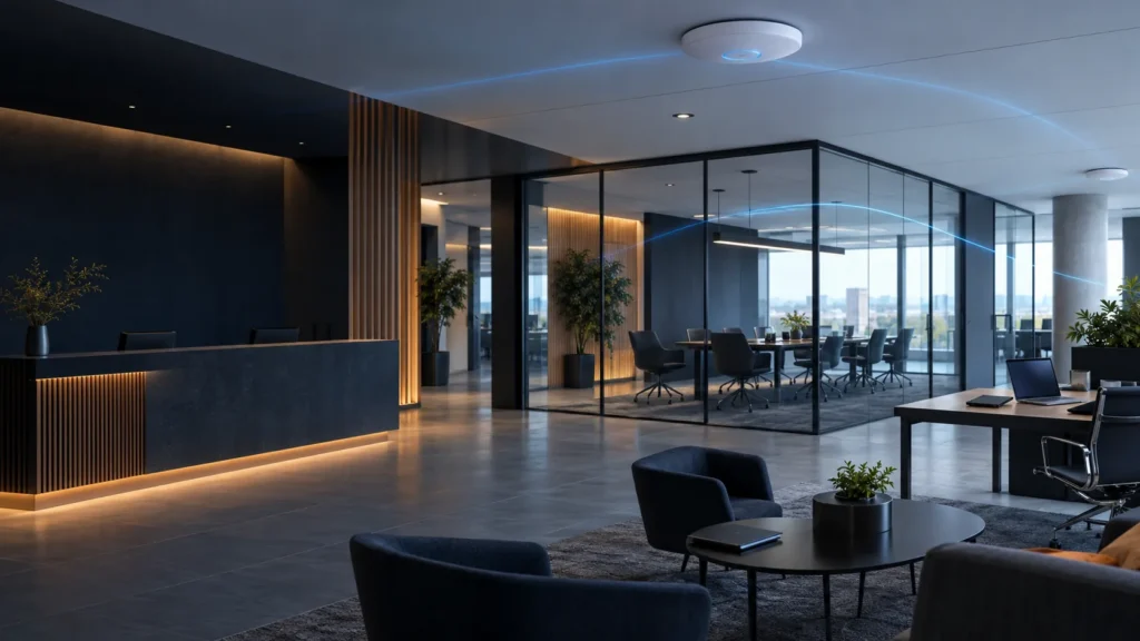 Point d’accès Wi-Fi installé au plafond de bureaux modernes