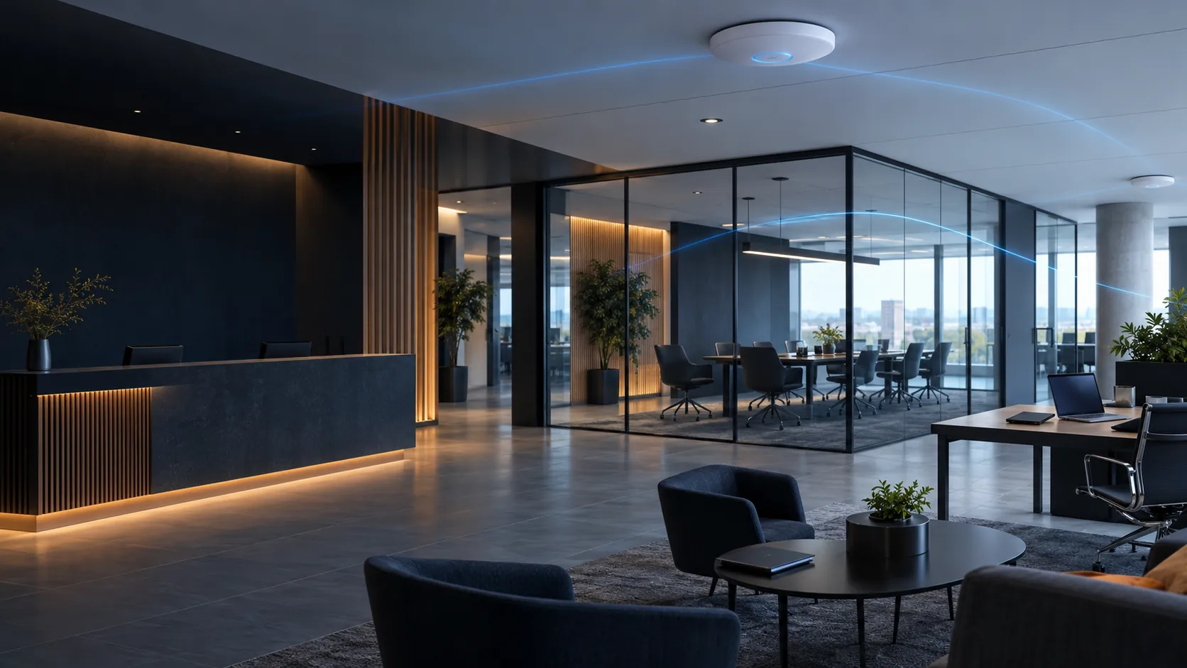 Point d’accès Wi-Fi installé au plafond de bureaux modernes