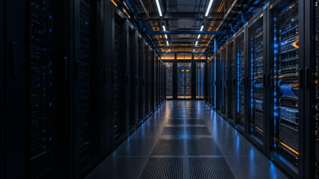 Rangées de serveurs et baies informatiques dans un datacenter Rangées de serveurs et baies informatiques dans un datacenter