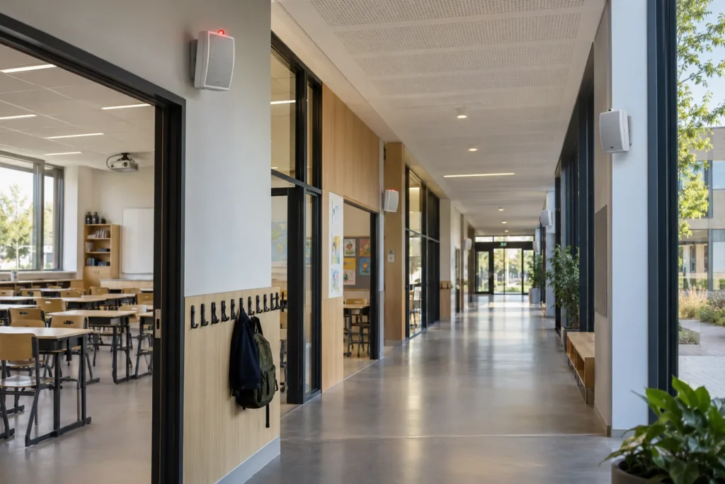Avertisseurs PPMS installés dans les couloirs et salles de classe d’une école