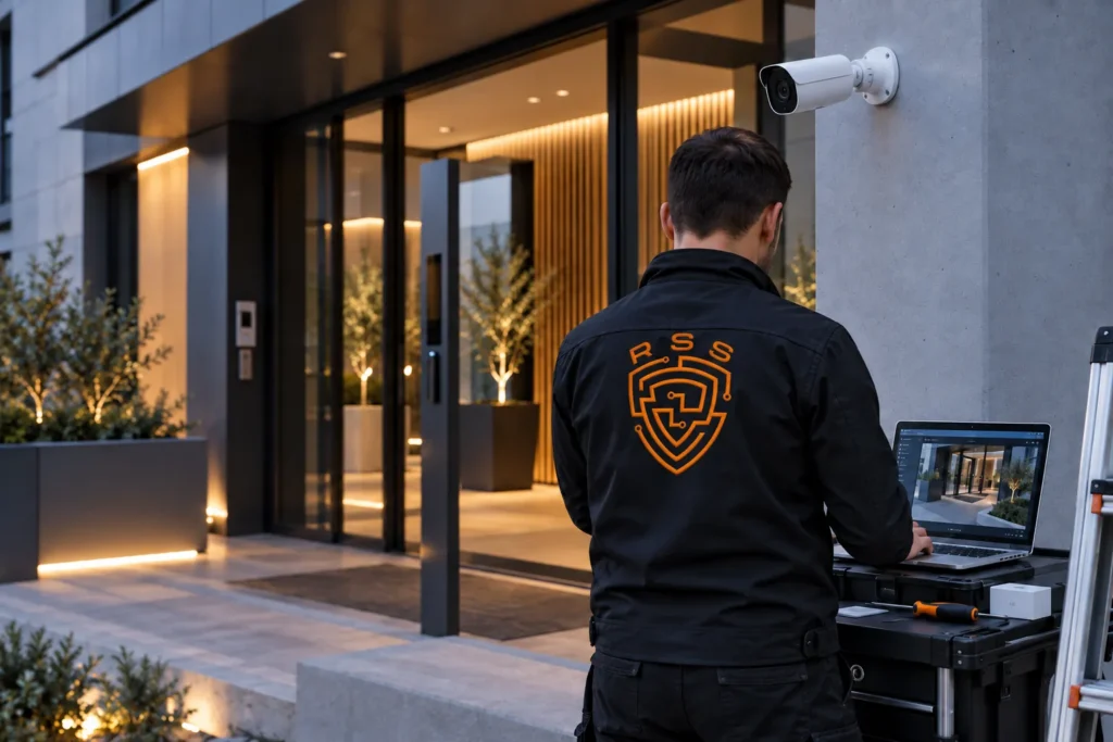 Technicien RSS configurant une caméra de vidéosurveillance extérieure