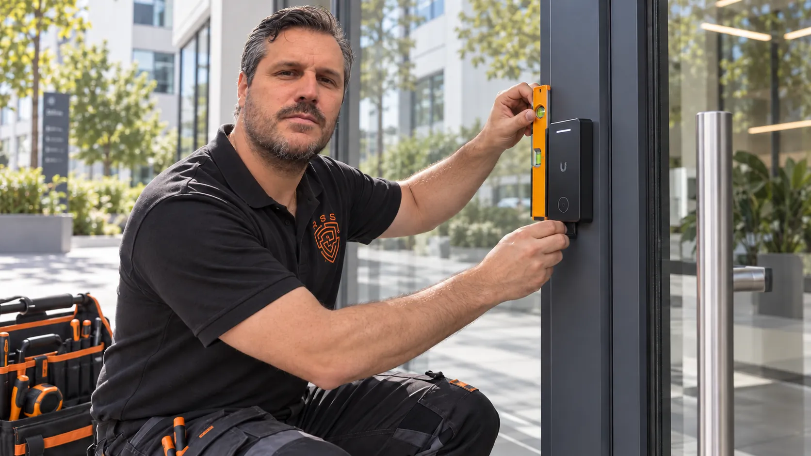 Technicien RSS installant un lecteur de contrôle d’accès sur une entrée
