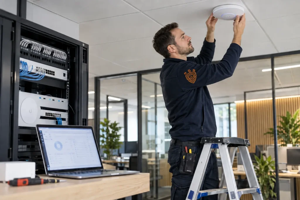 Technicien installant un point d’accès Wi‑Fi au plafond de bureaux