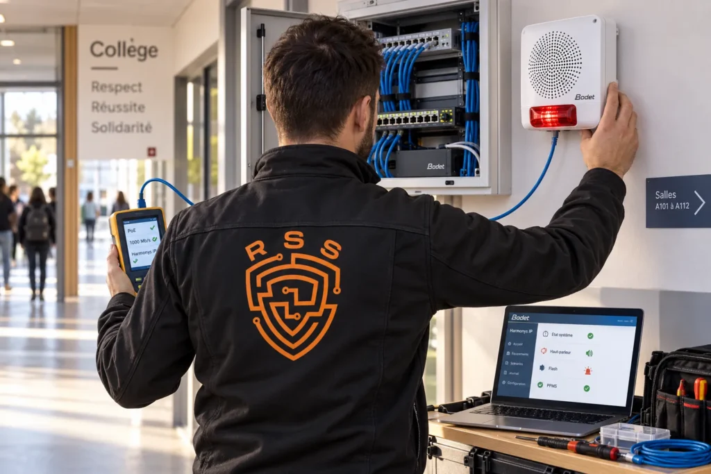 Technicien RSS testant un avertisseur PPMS Bodet relié au réseau IP