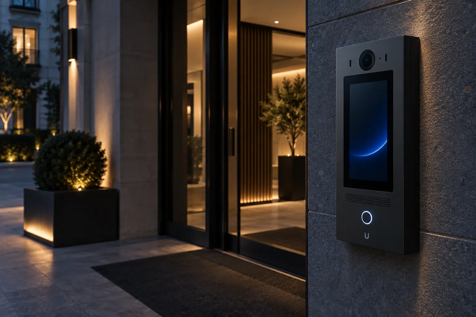 Interphone vidéo IP installé à l’entrée d’une résidence