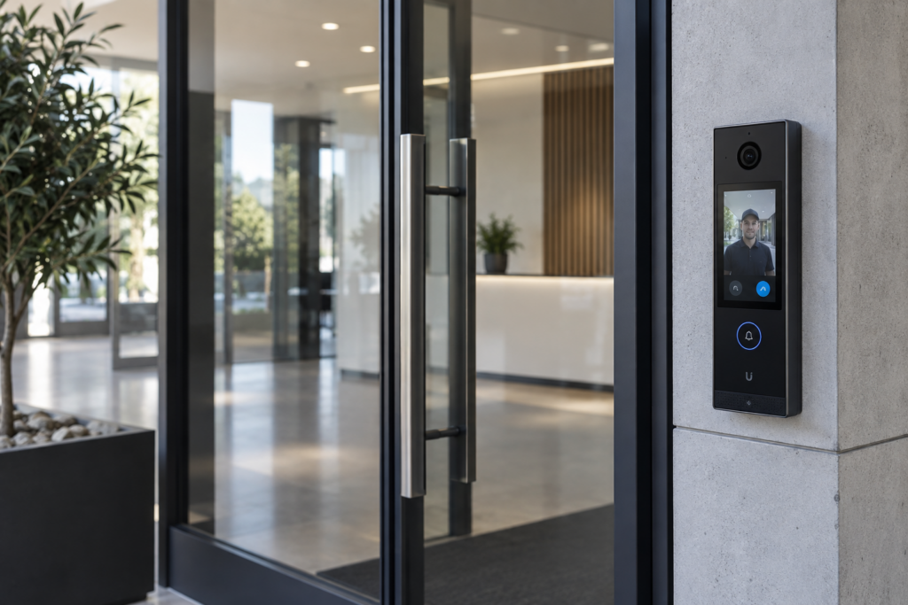 Interphone vidéo IP UniFi installé à l’entrée d’une entreprise