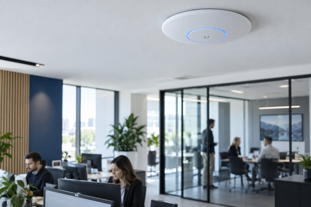 Point d’accès Wi-Fi professionnel UniFi installé dans des bureaux
