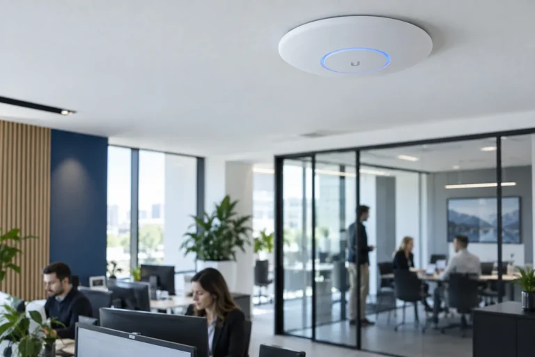 Point d’accès Wi-Fi professionnel UniFi installé dans des bureaux
