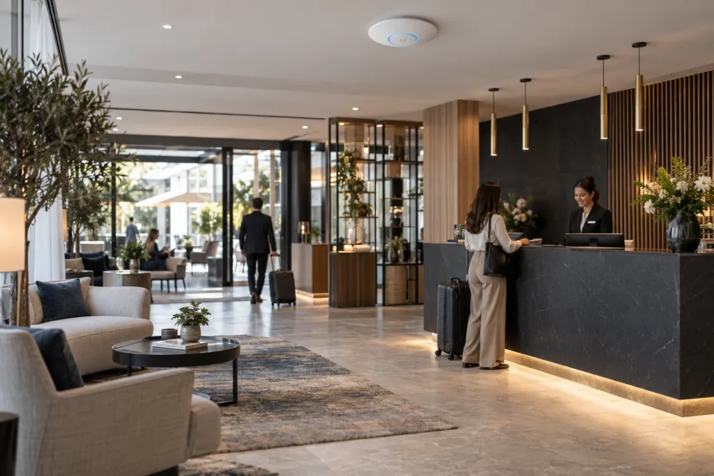 Point d’accès Wi‑Fi installé au plafond de la réception d’un hôtel
