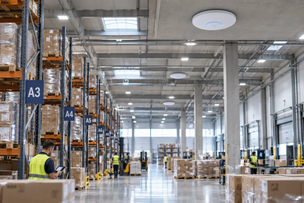 Points d’accès Wi‑Fi installés au plafond d’un entrepôt logistique