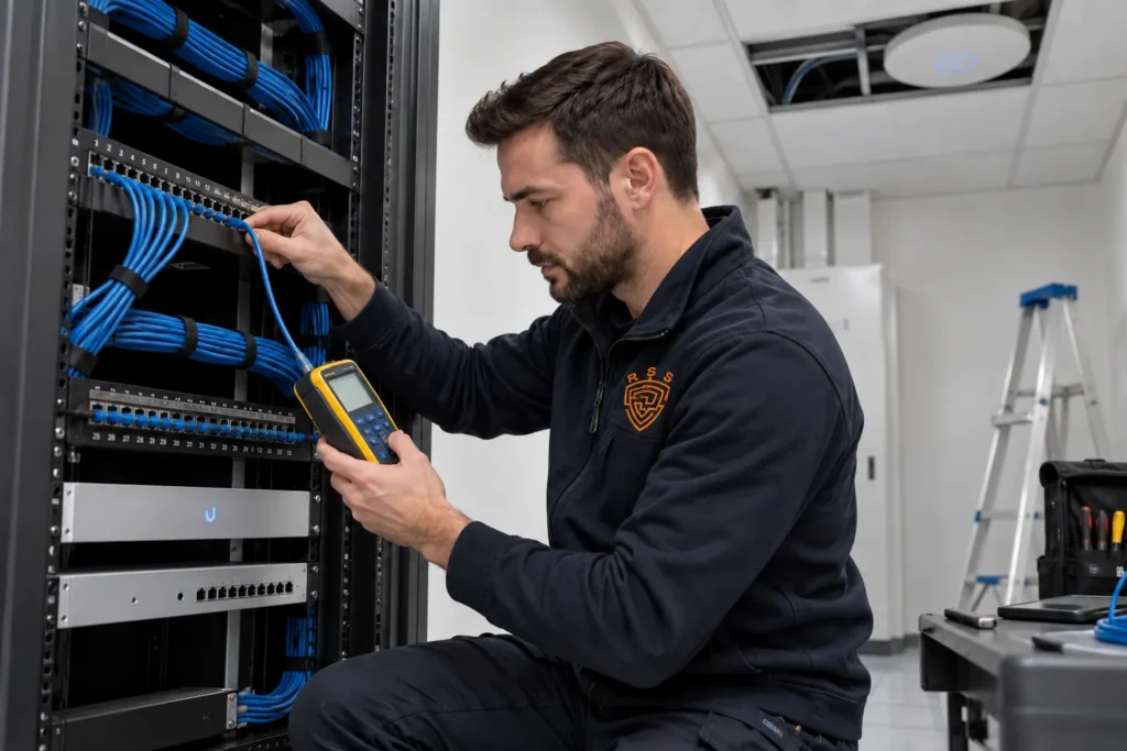 Technicien raccordant un point d’accès Wi‑Fi à une baie informatique