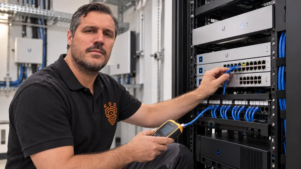 Technicien RSS testant les connexions d’une baie informatique
